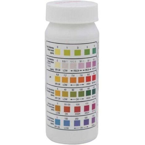 Lot de 50 bandelettes de test 6 en 1 de qualité de l’eau de piscine pour chlore, pH, alcalinité, dureté, acidité, brome, acide cyanurique (1/4)