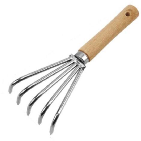 Outil de creusement en acier avec manche en bois pour repiquage, creusement de précision et nivellement du sol, manche long/5 pointes courtes, argent (1/4)
