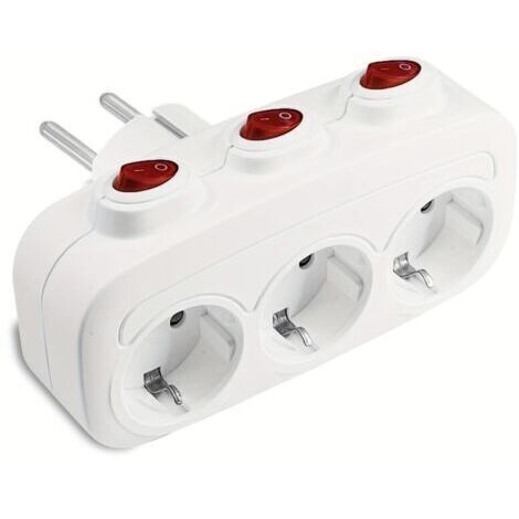 Multiprise murale standard UE 1 vers 3 avec interrupteurs indépendants – Prise de voyage, 3 prises horizontales, sans câble, blanc