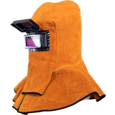 Capote de soudeur en cuir de vache, filtre solaire auto-obscurcissant, masque de soudure, équipement de protection pour casque de soudure, bonnet de travail avec drapé cou et épaules (1/4)
