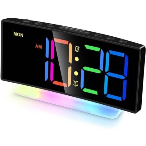 Réveil numérique LED incurvé avec éclairage RVB, double alarme, 12/24 h, luminosité réglable (adaptateur inclus) (1/4)