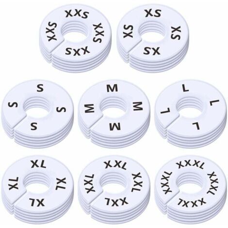 Lot de 40 séparateurs ronds en plastique blanc pour vêtements, pour étagères de placard, pré-imprimés en 8 tailles XXS, XS, S, M, L, XL, XXL, XXXL (3,5\ (1/4)
