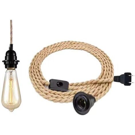 Lustre Corde de Chanvre de 4,5 Mètres - Tête Unique Suspendue Câble de Lumière Corde E27 Prise, Vintage Lustre Corde Chanvre avec Prise Interrupteur, DIY Lampe Suspension pour Maison