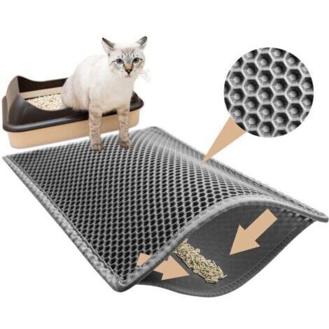 Tapis Litiere Chat, 60x40 cm Imperméable Tapis de Litière pour Chat,Non Toxique EVA Tapis Chat Litiere, Tapis Litière Chat Double Couche en Nid d'abeille Design, Gris