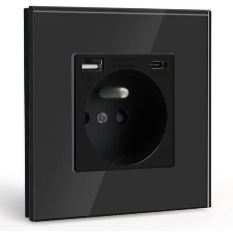 Multiprise Murale Max 2.1A avec USB et 1 Prise avec Type C,16A Prise de Courant Alternatif avec Panneau en Verre,Convient au Smartphone, à la Tablette (Noir) (1/5)