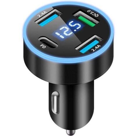 4 Ports Chargeur Allume Cigare USB C Rapide, 50W QC3.0&PD Prise Adaptateur Allume Cigare USB Chargeur Telephone Voiture Allume Cigare USB Charge Rapide avec LED Voltmètre pour iPhone, Android, Samsung