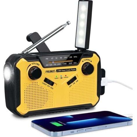 Portable Radio Dynamo Survie, J-369 AM/FM Radio à Pile avec 3000mAh Power Bank/SOS Alarm/Lampe Poch/Panneau Solaire, Haut-parleurs, Ourdoor, Emergency. (1/4)