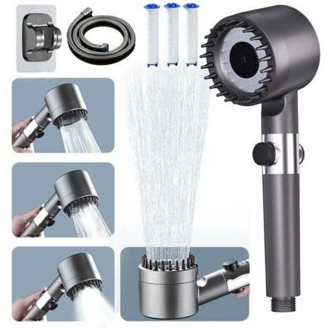 Pommeau Douche Haute Pression, Pommeau de Douche Filtre Anti-Calcaire à Cartouche Remplaçable,Pommeau Douche Économie d'Eau avec 4 Modes de Jets, Bouton d'Arrêt Instantané et Tuyau 1.5Mètres -Gris (1/5)