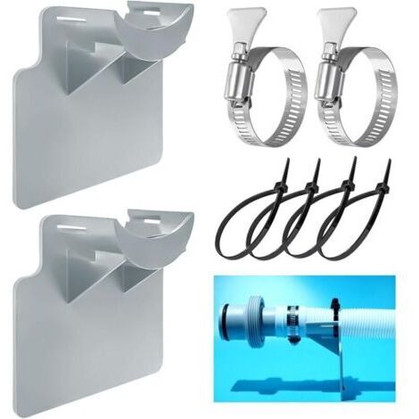 Lot de 2 supports de tuyau de piscine, accessoires de piscine hors sol avec collier de serrage et protection anti-torsion en plastique (gris) (1/4)