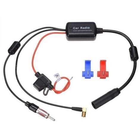 Répartiteur FM AM Dab Dab+ Amplificateur Antenne Autoradio, 12V-24V Amplificateur Signal Antenne Voiture Booster, SMB vers DIN Séparateur Adaptateur pour Camion Autoradio Stéréo Audio Radio