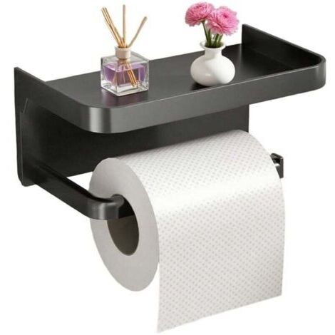 Porte-rouleau de papier toilette avec support mobile – Porte-papier hygiénique autocollant pour salle de bain (noir, carré, 18 x 10 x 8 cm) (1/4)