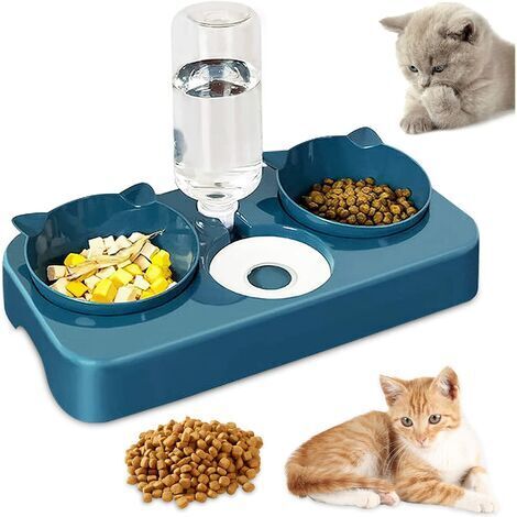 Double bol pour chats et chiens, distributeur automatique d'eau 3 en 1 et nourriture pour animaux de compagnie, inclinable 15 ° double bol pour chats et chiots bleu (1/5)