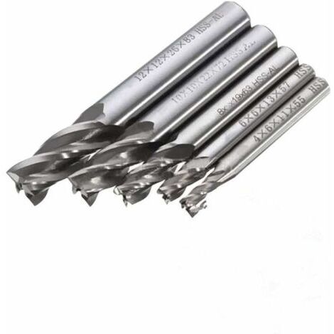 5 pcs 4/6/8/10/12 mm 4 Flte tige droite End Mill Cutter en acier rapide HSS Forets (1/5)