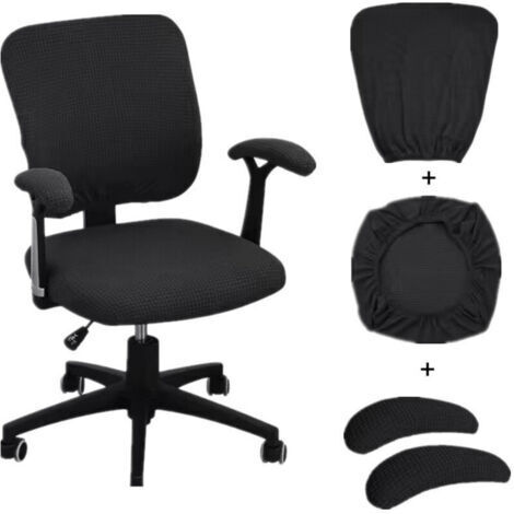 Ensemble de 4 housses de chaise de bureau universelles et extensibles pour ordinateur, comprenant un siège, des accoudoirs et un dossier pivotant (noir). (1/4)