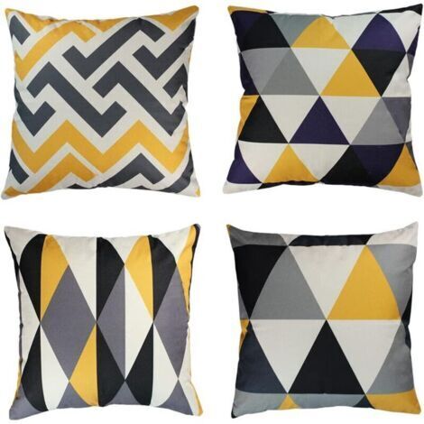 Lot de 4 housses de coussin décoratives 45 x 45 cm – Lin géométrique jaune et gris – Coutures renforcées – Fermeture éclair invisible - GRIS 18 X (1/4)