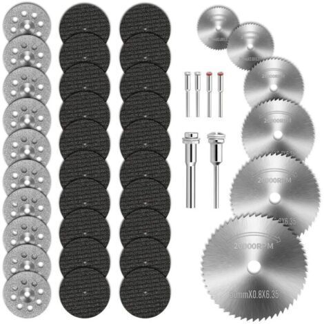 42 pcs Mini Disque Diamant à Tronçonner,6 Mandrins Mini Lame de Scie Circulaire HSS Disque Diamant à Tronçonner et Disque de Coupe Résine pour Bois Plastique Fibre de Verre Cuivre Aluminium (1/5)