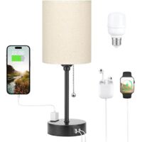 Lampes de table 3 températures de couleur - 2700K 3500K 5000K Lampes de chevet avec ports USB C et A, lampes à chaînette pour chambres à coucher avec prise secteur, lampes de chevet avec base en métal