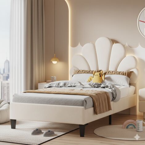 Lit simple 90x200 cm - Tête de lit fleurie en velours - Sommier à lattes en bois massif - Tissu velours beige - Adapté enfants et adolescents (1/5)