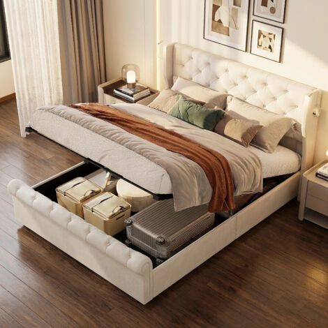 Lit coffre 140x190 cm - alampe de lecture - fonction de charge - sommier à lattes - pour adolescents et adultes - velours - Beige (1/5)