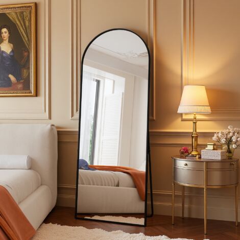 Miroir de Sol Pleine Longueur, 165x60 cm, Cadre en Aluminium Noir, Support Métallique, Miroir Mural Bombé HD avec Crochets de Fixation - Salon, Chambre, Dressing