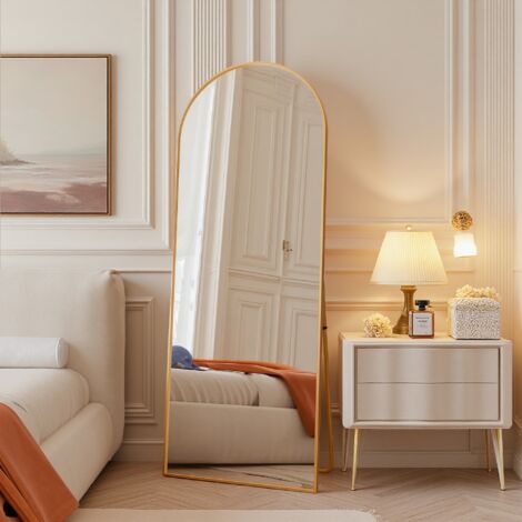 Miroir de Sol Pleine Longueur Bombé, 165x60 cm, Grand Miroir Mural Doré Cadre en Aluminium Verre Trempé, Inclinable ou Suspensible - Salon, Chambre, Entrée