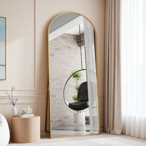 Miroir de Sol Pleine Longueur Bombé, 180x80 cm, Cadre en Aluminium Doré, Grand Miroir Mural Inclinable ou Suspensible - Salon, Chambre, Entrée