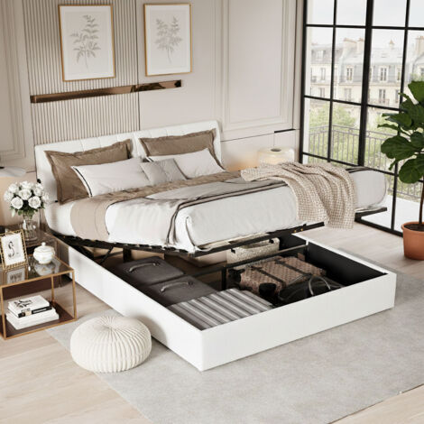 Lit coffre 140x190 avec sommier à lattes et 2 USB,lits double capitonné avec tête de lit réglable en hauteur et rangement caché, cadre de lit en bois,sans matelas, beige