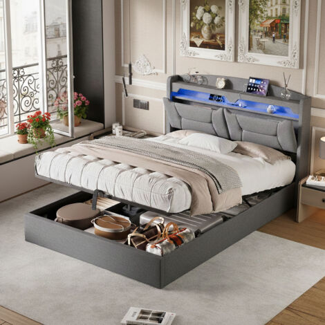 Lit coffre 140x190 avec éclairage LED et port USB, lit capitonné avec étagères ouvertes et rangement caché en tête de lit, lit double avec 2 tiroirs et sommier à lattes, lin (1/5)