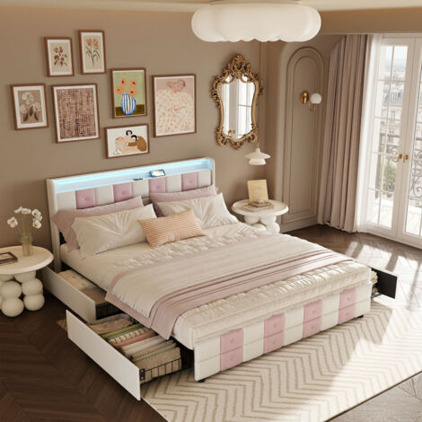 Lit double 160x200 avec sommier et 4 tiroirs rangement, lit adulte avec éclairage LED et ports USB, lits 2 personnes e tête de lit capitonné pour adultes et ado, velours (1/5)