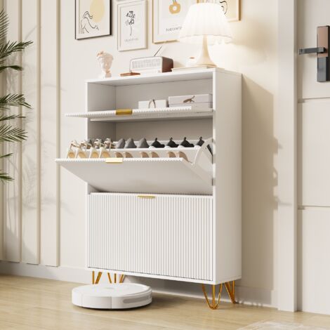 Meuble à chaussures 18 paires 3 portes, Armoire à Chaussures Commode à Chaussures 2 abattants blanc