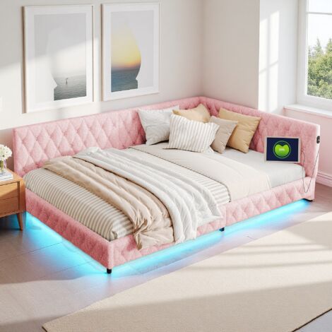 Lit Matelassé 140x200 cm, Lit Double, LED et Prise USB, Canapé-Lit, Sommier Inclus, Rose - Salon Chambre (1/5)