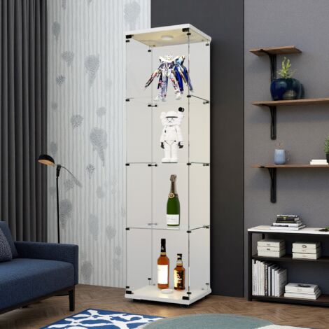 Vitrine en verre LED Éclairage , vitrine collection avec 4 niveaux, 1 porte, serrure, Meuble de Rangement 164 x 42 x 36cm, Idéale pour Collections, Figurines, Salon, Chambre, Entrée - Blanc