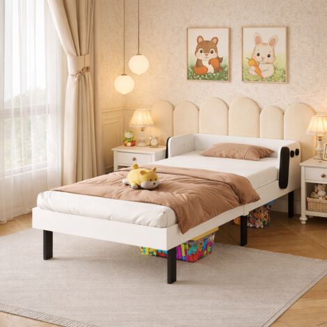 Lit enfant 90x200 cm, lit simple avec sommier à lattes et protection anti-chute, cadre de lit avec tête de lit, en bois de pin, pour bébé garçon et fille, adolescents, blanc