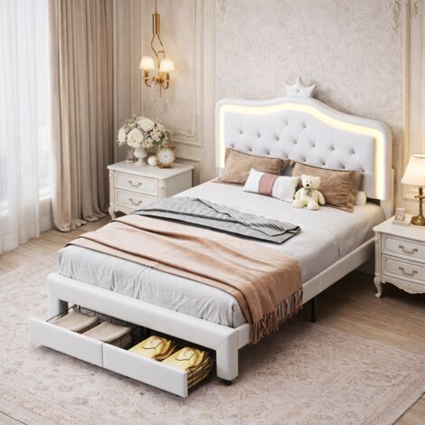 Lit enfant 140x200 cm cadre de lit pour filles, cadre de lits double en cuir PU avec éclairage LED ded en bois avec tiroirs avec sommier à lattes réglables en hauteur lit, blanc (1/5)