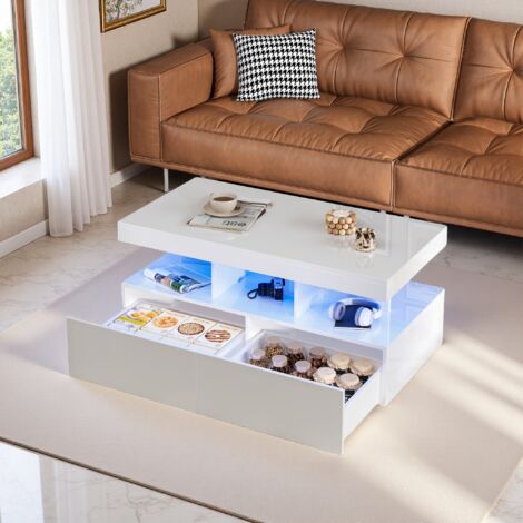 Table Basse avec LED, Design Moderne Lumineux, Étagère Ouverte et 2 Tiroirs, Meuble de Salon, Rectangulaire, Blanc (1/5)