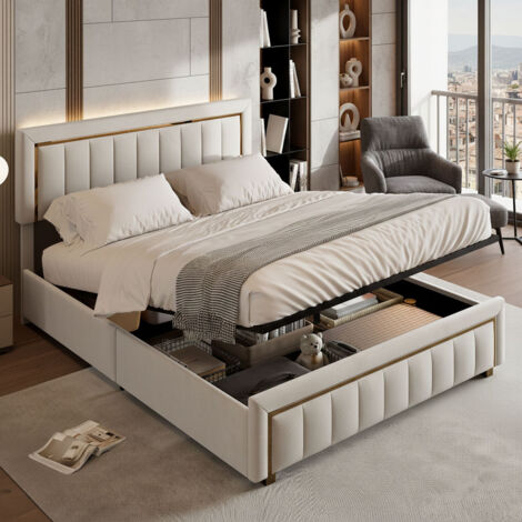 Lit coffre 160x200 cm avec sommier, lit double capitonné avec rangement et tete de lit, lit hydraulique avec à lattes lits, pour adultes et ado,velours, beige (1/5)