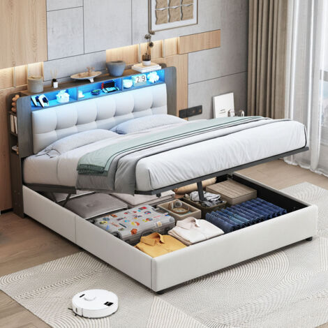 Lit coffre 160x200 cm, lit double capitonné avec rangement, tête de lits avec station de recharge automatique par induction et lumière LED, sommier à lattes, velours, blanc (1/5)