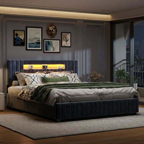 Lit 160x200 cm avec sommier, lit double capitonné élégant avec rangement hydraulique, tête de lit LED et sommier à lattes, fonctionnel en velours, gris (1/5)