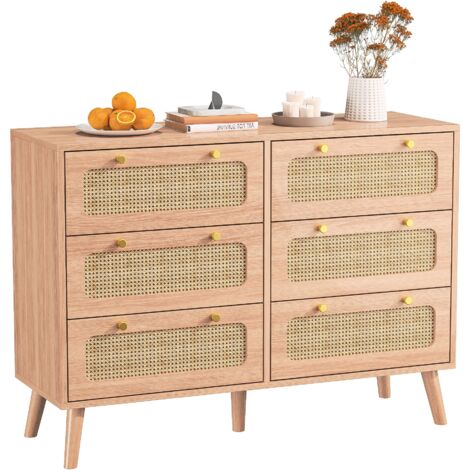Commode 6 tiroirs MEXUS 100x34x73 cm décor bois et cannage - Naturel (1/5)