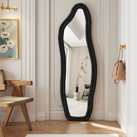 Miroir Plein Corps, 140x45cm, Asymétrique, Bordure Velours Verre Trempé, Sur Pied & Mural, Chambre Salon Entrée, Noir (1/5)