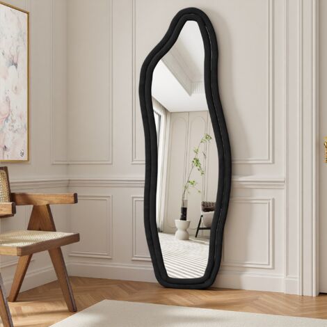 Miroir Plein Corps, 160x50cm, Bordure Velours, Verre Trempé HD, Design Irrégulier Décoratif, Chambre Salon Entrée, Noir