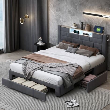 Lit double capitonné 160x200 cm, avec 3 tiroirs et éclairage LED, espace de rangement fonctionnel avec tête de lit, sommiers à lattes, velours, gris (1/5)