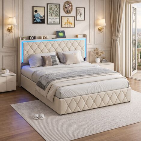 Lit coffre 160x200 cm avec LED et prise USB, lit double capitonné avec rangement hydraulique et sommier à lattes, pour adultes et adolescents,velours, beige (1/5)