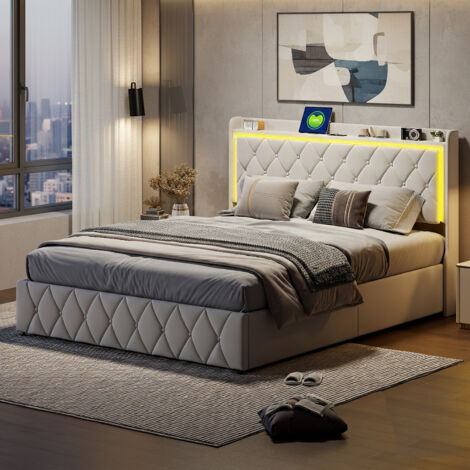 Lit coffre 140x200 cm avec LED et prise USB, lit double capitonné avec rangement hydraulique et sommier à lattes, pour adultes et adolescents,velours, beige (1/5)