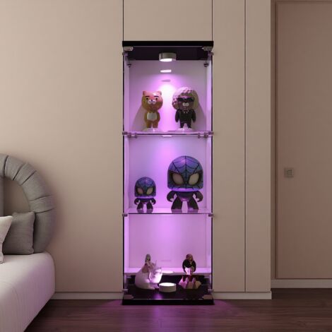 Vitrine en verre éclairée par LED 125x42 x36 cm,avec portes et 3 étagères, sur pied, pour salon, chambre à coucher, bureau,Noir