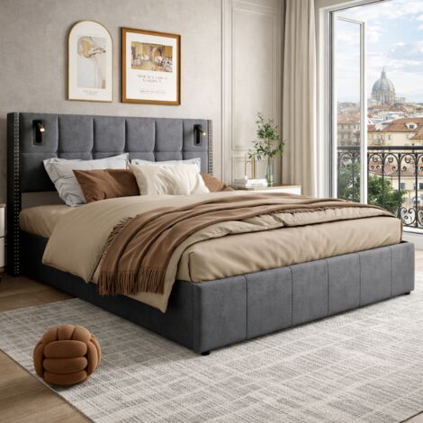 Lit coffre 160x200 cm avec 2 liseuses, lit double capitonné avec rangement, avec sommier lattes, convient aux adolescents et aux adultes, matelas non inclus, gris (1/5)