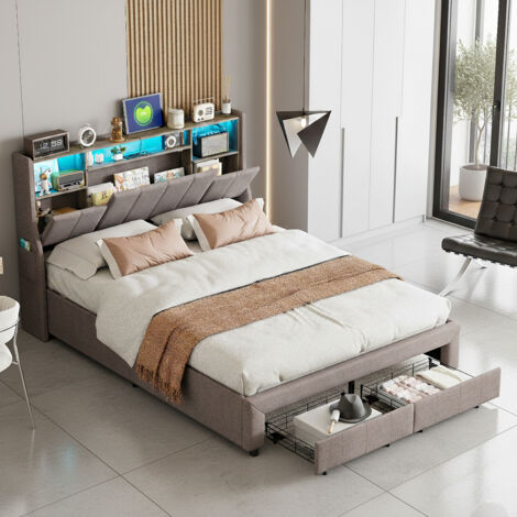 Lit double 160x200 cm, LED, lit capitonné avec 2 tiroirs de rangement, cadre de lit pour adolescent, avec fonction de charge USB, sans matelas, gris