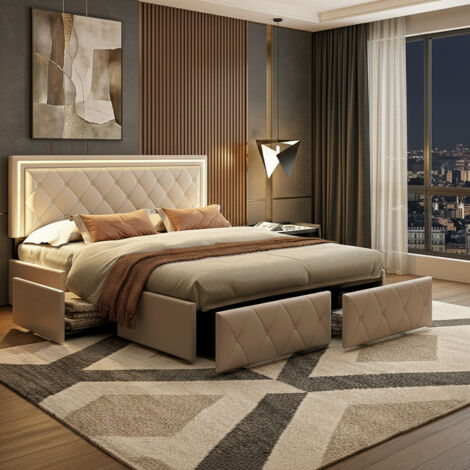 Lit double 140x200 avec rangement, tête de lit capitonné, LED intégrée, 4 tiroirs coulissants, structure en métal avec lattes, pour adultes, adolescents, PU, blanc (1/5)