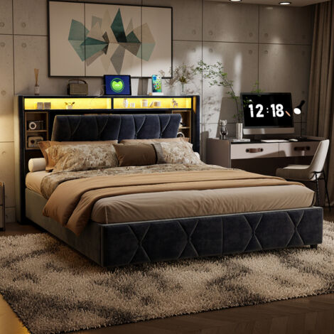 Lit coffre 160x200 cm avec USB et type-c, lumière LED, lit capitonné avec rangement, fonction hydraulique, lit double avec tête de lit rangement, velours, gris (1/5)