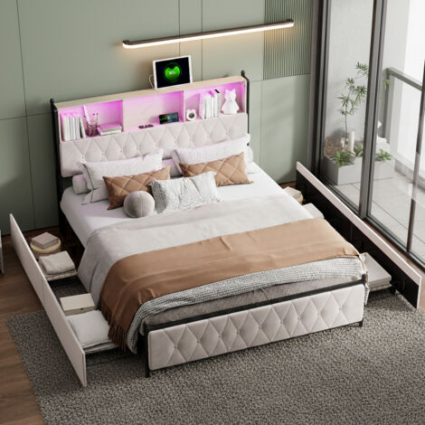 Lit double capitonné 140x200cm, lit avec 2 USB intégrées, 4 tiroirs de rangement, table de chevet avec bande lumineuse rgb, facile à assembler, beige